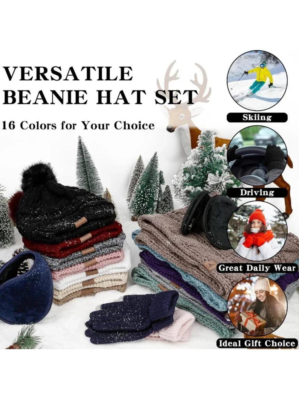 Cozy Winter Beanie, Scarf & Gloves Set with Ear Muffs - Touchscreen, One Size